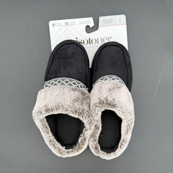 Isotoner Womens Memory Foam Slippers XL 9.5-10 Black Gray Faux Fur Collar - Picture 2 of 5